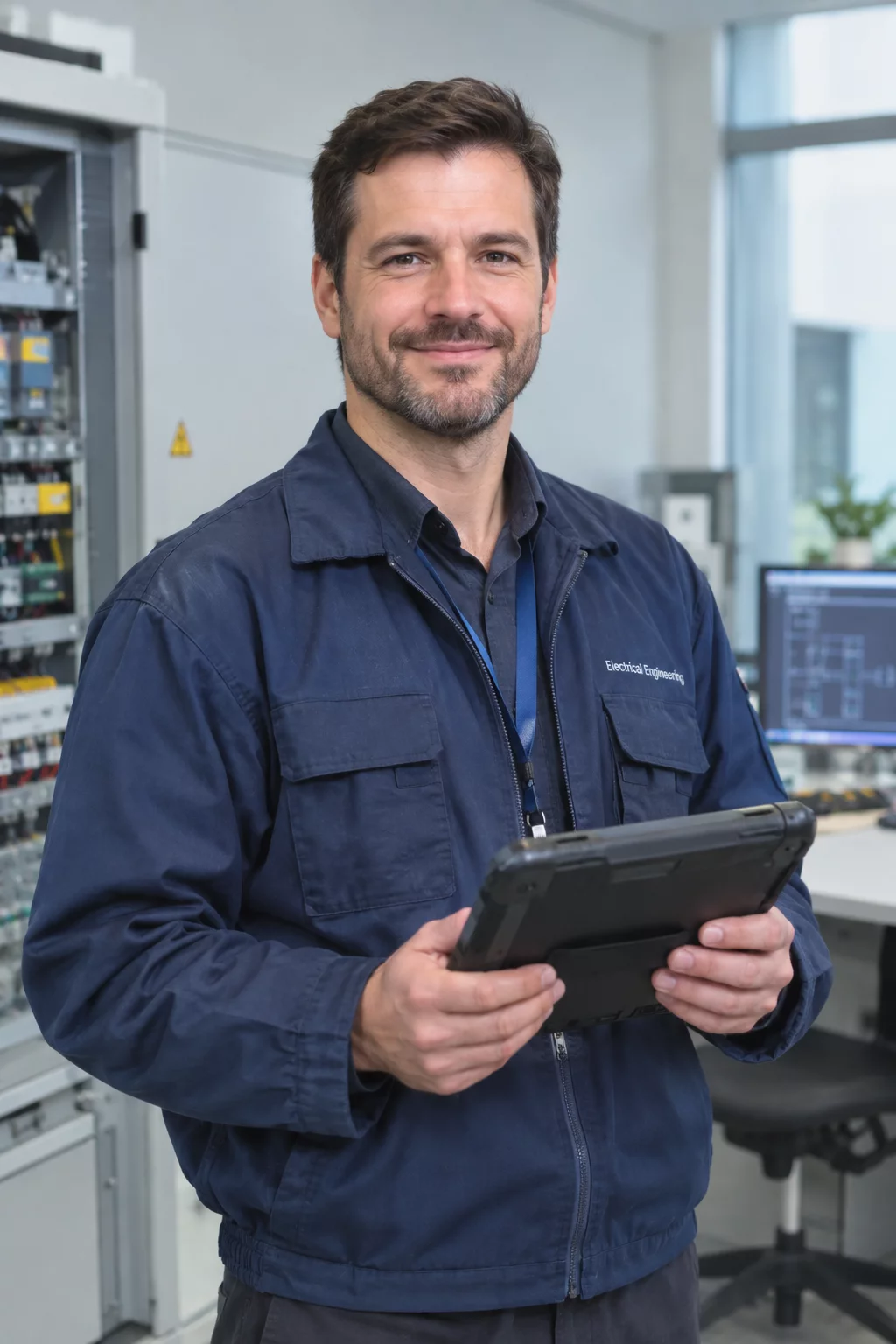 Licensed residential voltage protection engineer inspecting home electrical metrics